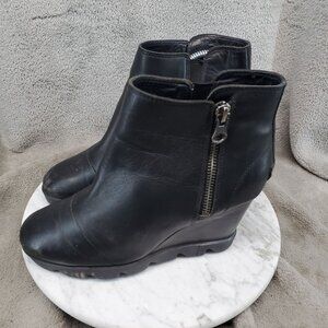 Sorel Shoes Womens Size 7.5 Joan Uptown Black Leather Wedge Ankle Boots